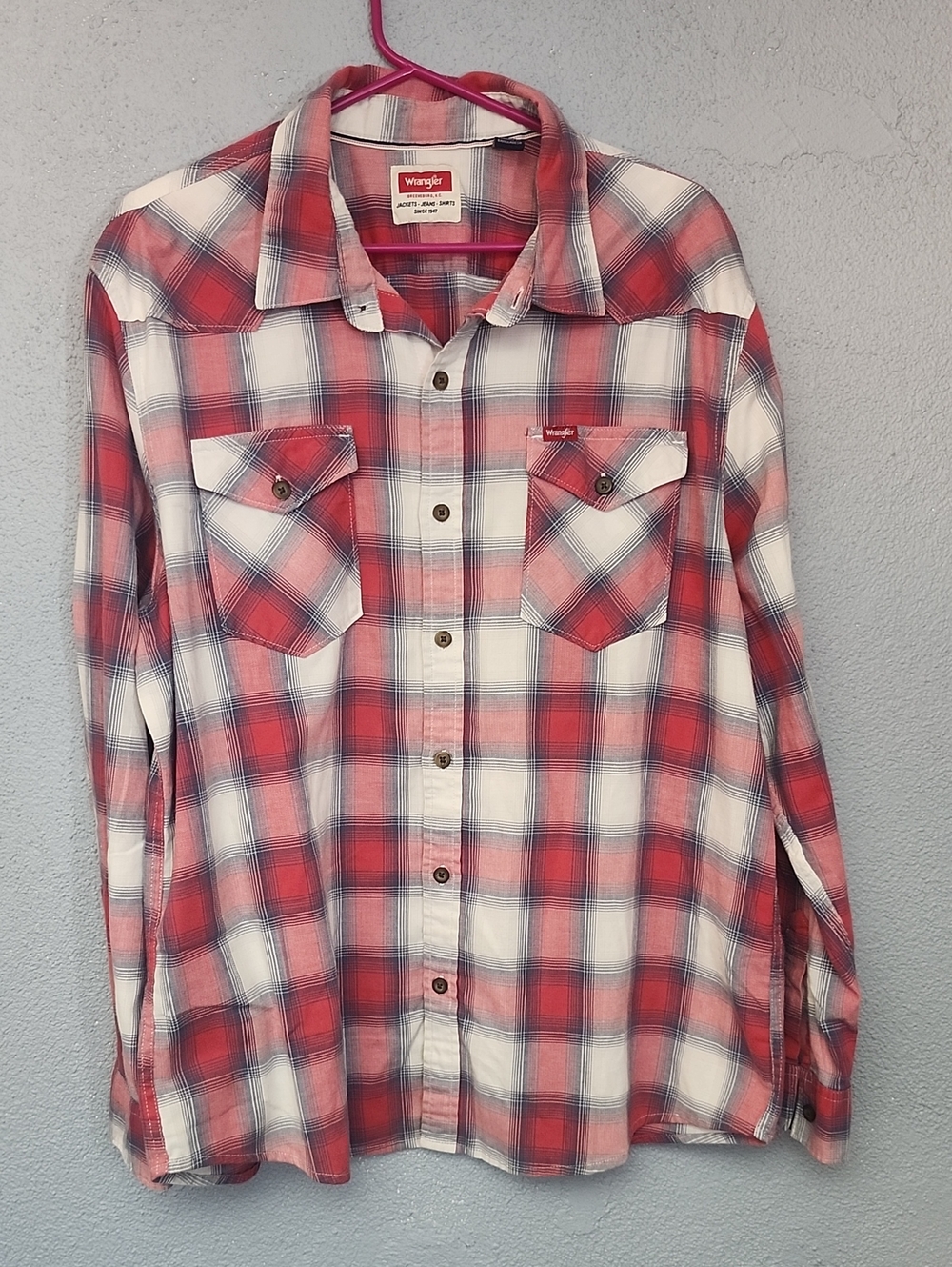 Wrangler Red and White Plaid Button-Down Shirt